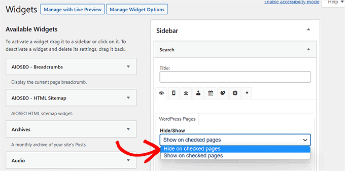 Choose if you want to show or hide widget on the checked pages from the dropdown menu Choose if you want to show or hide widget on the checked pages from the dropdown menu