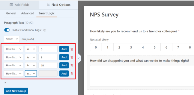 Enter conditional logic conditions