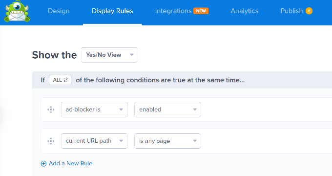 Display popup on everypage Ad blocker targeting rules