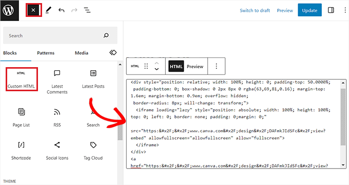 Add code into the block editor Add code into the block editor