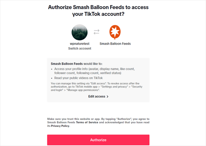Auktorisera Smash Balloon att ansluta till ditt TikTok-konto Auktorisera Smash Balloon att ansluta till ditt TikTok-konto