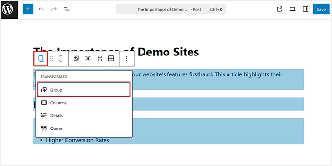 Choose existing blocks to convert them into nested block