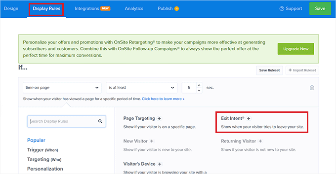 Choose Exit Intent option from the dropdown menu on the left Choose Exit Intent option from the dropdown menu on the left