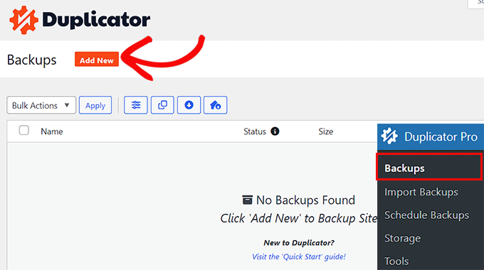 Click Add New button to build a backup Click Add New button to build a backup
