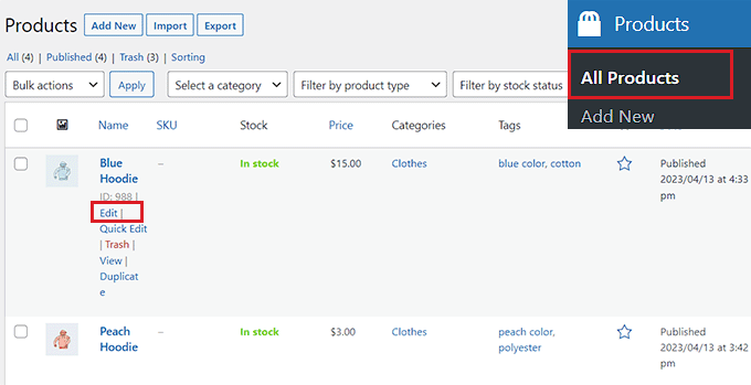 Haga clic en Editar debajo de un producto