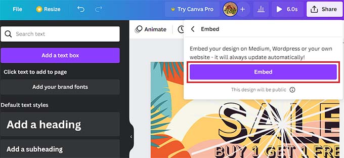 Click the Embed button Click the Embed button