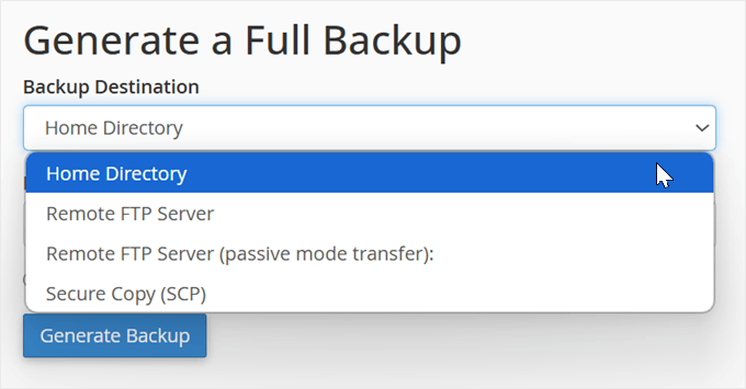 Choosing a cPanel backup destination Choosing a cPanel backup destination