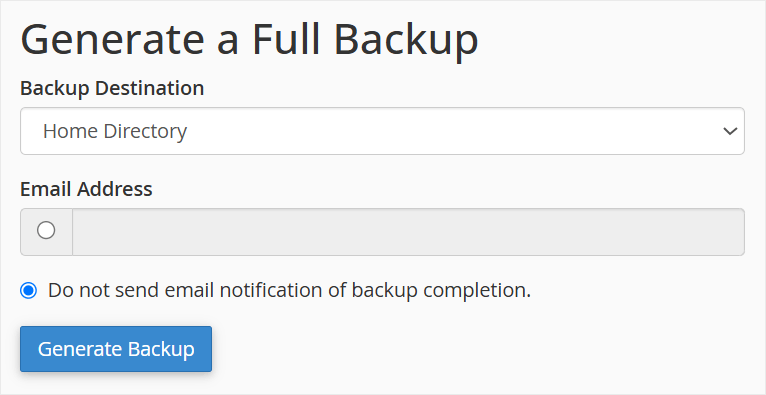 Generating a new cPanel backup Generating a new cPanel backup