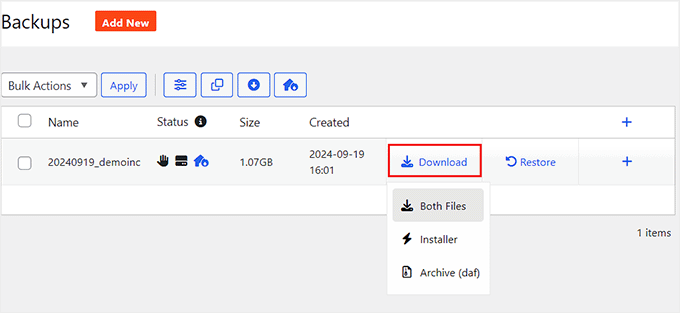 Download your backup file Download your backup file