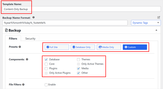 Configuring the custom Duplicator backup template Configuring the custom Duplicator backup template