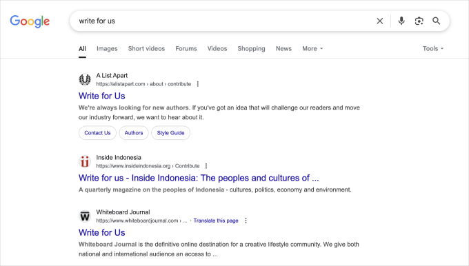 Google Search results for write for us query