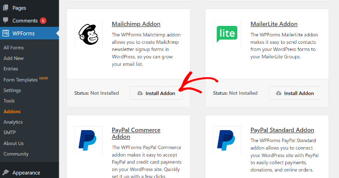 Instalar addon do Mailchimp