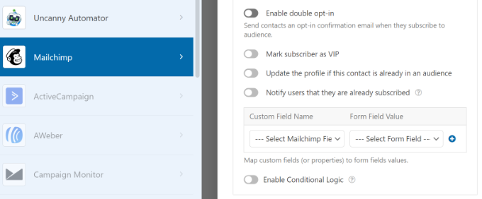Mais configurações do Mailchimp no WPForms