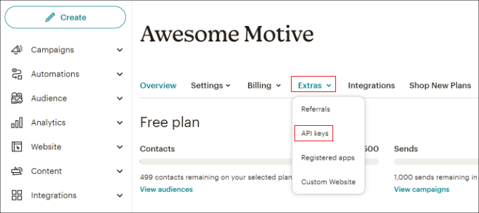 Abrir página de chaves de API