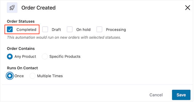 Utlösaren för skapad order, i FunnelKit:s arbetsflödesredigerare Utlösaren för skapad order, i FunnelKit:s arbetsflödesredigerare