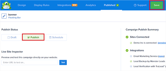 Save and publish the banner Save and publish the banner