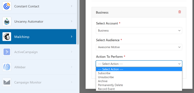 Selecione a audiência e a ação
