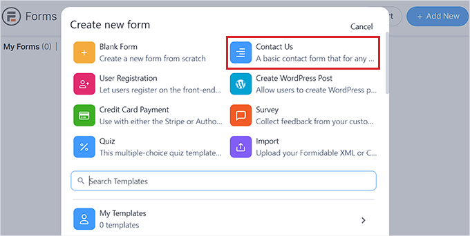 Select contact form template Select contact form template