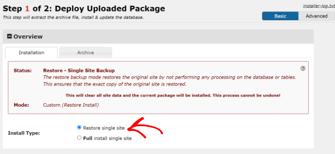 Select restore single site Select restore single site