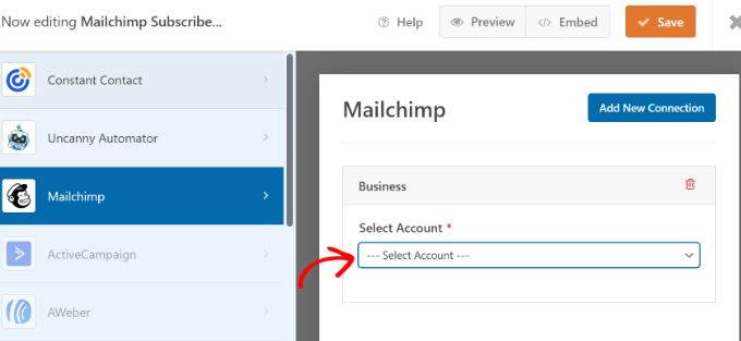 Selecione sua conta Mailchimp