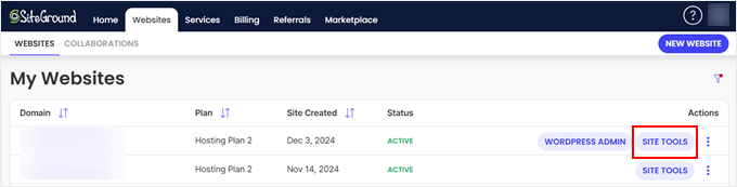 Opening a website's Site Tools settings in SiteGround Opening a website's Site Tools settings in SiteGround