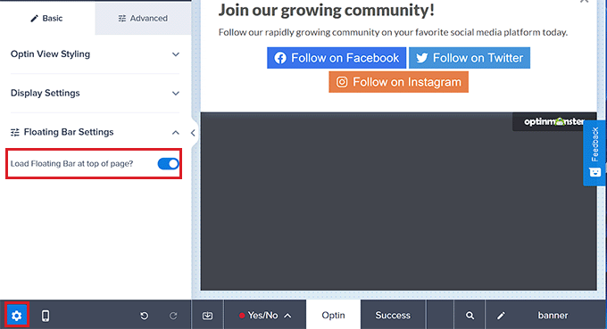 Toggle the switch to display the banner at the top Toggle the switch to display the banner at the top