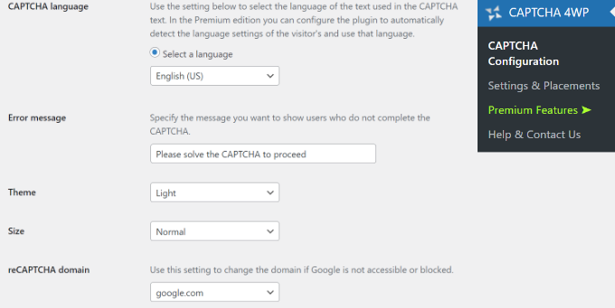 Modifica le impostazioni di captcha 4wp