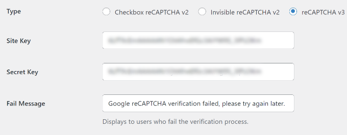 Inserisci chiavi del sito e segrete in WPForms