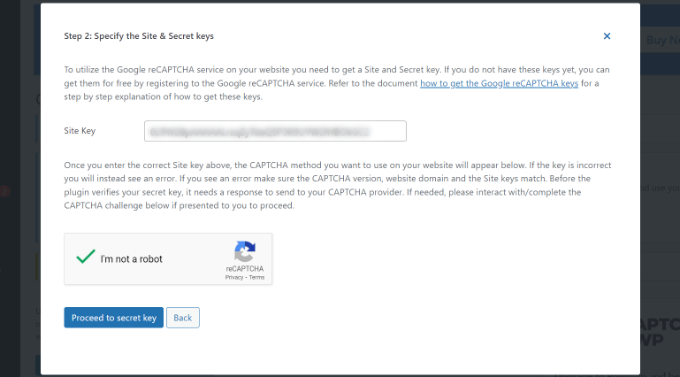 Inserisci la chiave del sito