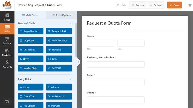 Request a Quote Form example Request a Quote Form example