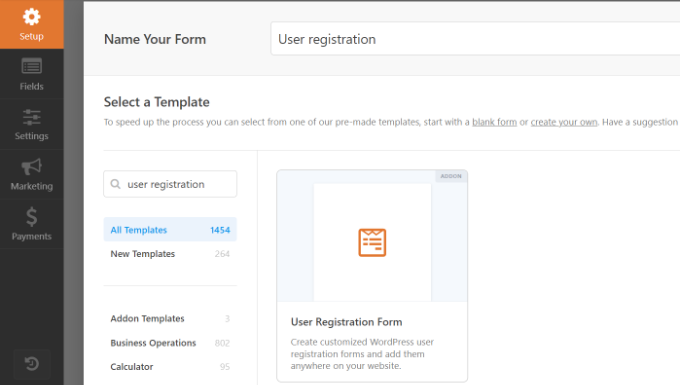 Seleziona il modello di modulo di registrazione utente in wpforms
