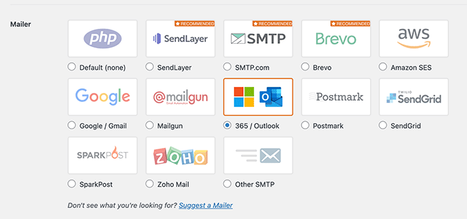 Select the Outlook Mailer Option Select SMTP mailer