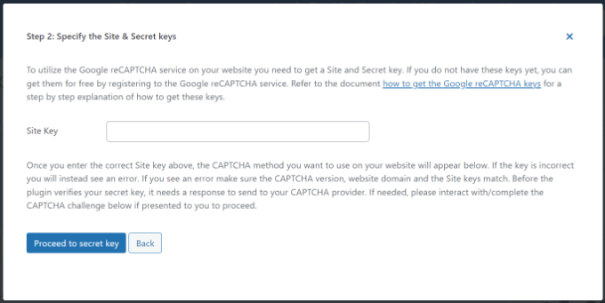 Specifica le chiavi del sito