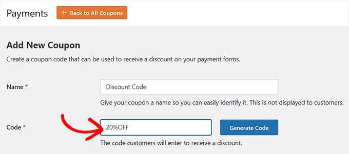 Add a name and code for the coupon Add a name and code for the coupon