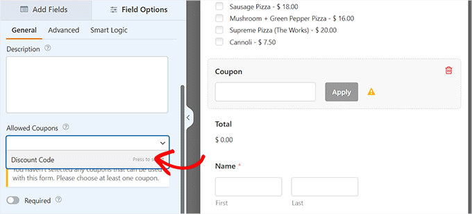Choose a coupon code from the dropdown menu Choose a coupon code from the dropdown menu