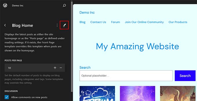 Click the Edit icon for full site editor Click the Edit icon for full site editor