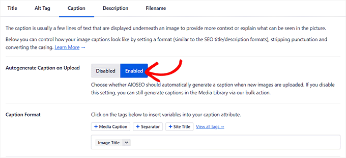 Enable Captions toggle and configure its smart tags Enable Captions toggle and configure its smart tags