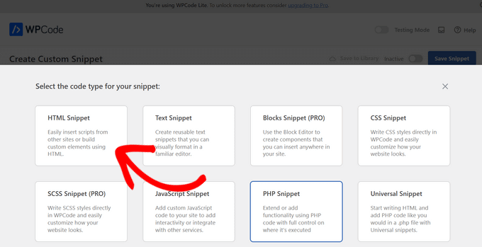 Select 'HTML Snippet' in WPCode Select 'HTML Snippet' in WPCode