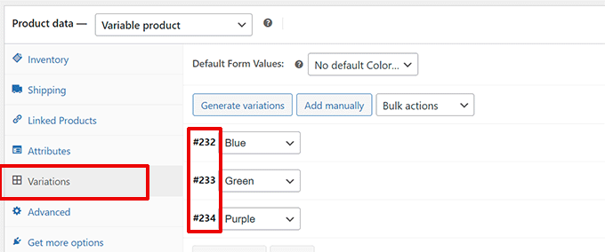 ID de variación de producto