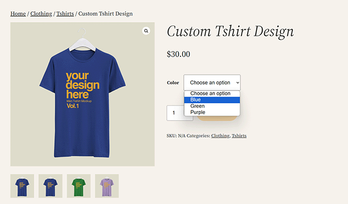 Ejemplo de un producto WooCommerce con variaciones