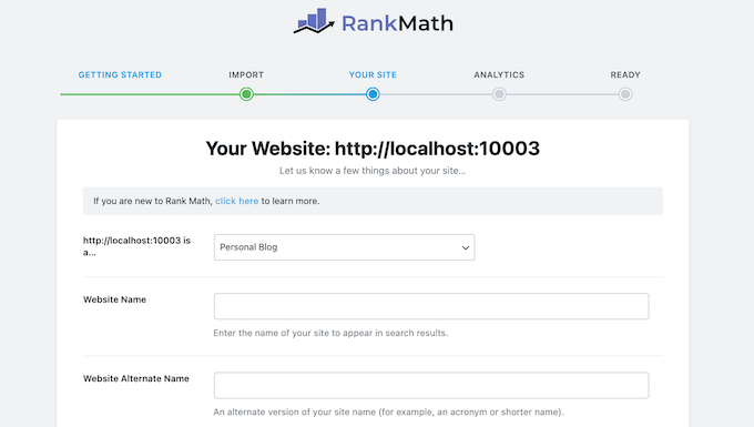 The Rank Math setup wizard The Rank Math setup wizard