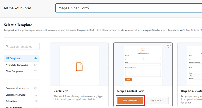 Select contact form template Select contact form template