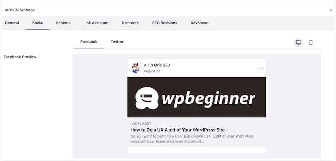 AIOSEO's Twitter and Facebook social settings AIOSEO's Twitter and Facebook social settings