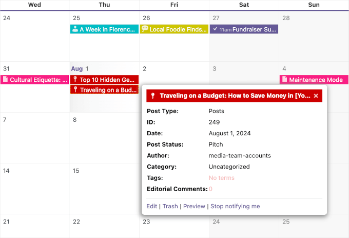 How to see more information about a page or post in a content calendar How to see more information about a page or post in a content calendar