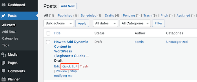 Changing a post's publication status using the Quick Edit settings Changing a post's publication status using the Quick Edit settings