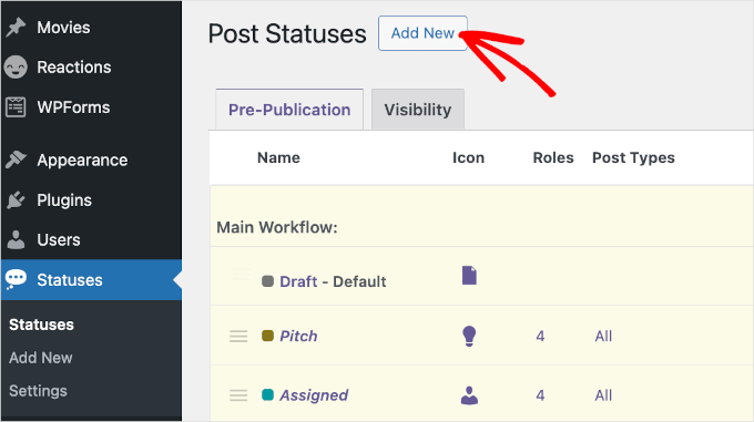 The add new button in PublishPress Statuses The add new button in PublishPress Statuses