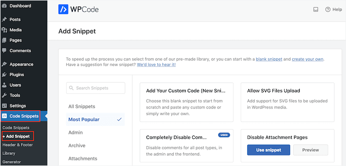 Cómo agregar un fragmento personalizado a WordPress usando WPCode