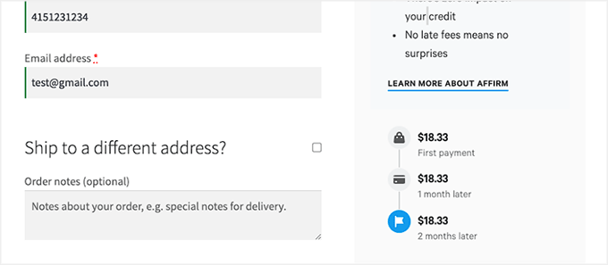 Affirm installment plan details shown on checkout page