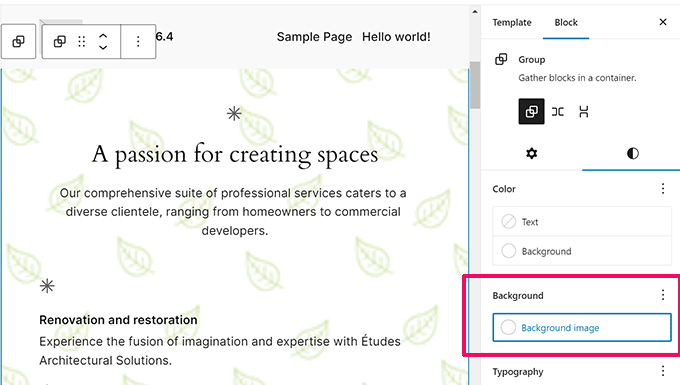 Definir imagem de fundo para o bloco Group
