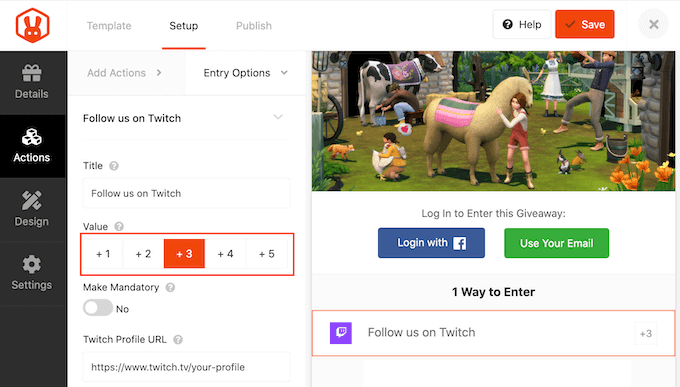 Setting a value for giveaway actions in WordPress
